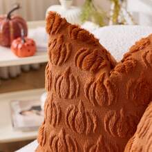 1pc Halloween Pumpkin Decorative Throw Pillow Cover, Front Embroidered Pumpkin, Reverse Plush Fabric, Square Cushion Cover, Holiday Home Pillow Decor, Soft Velvet Fabric, Modern Decor For Sofa, Home & Bedroom - Orange - View 3