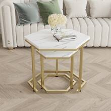 Set Of 2pcs Hexagonal Shape Side End Tables Nested Tables Sofa Lamp Tables Small Coffee Tables Marble Effect MDF Top Board Metal Frame For Dining Room Living Room Bedroom - White - View 3