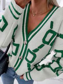 Women's Casual Letter Pattern V-Neck Single-Breasted Knitted Cardigan Sweater, Long Sleeve, Autumn/Winter
