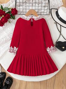 BASUSARRI Vestido de menina estilo natalino, elegante, versátil, com gola Peter Pan vazada, renda plissada, festa de aniversário, vestido vermelho grande, adequado para passeios, outono/inverno