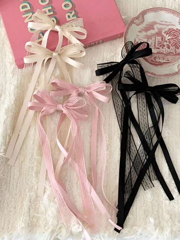2pcs Cute Ballet Style Super Immortal Bow Hairpin Female Pink Lace Ribbon Hairpin Female Heart Exquisite Versatile Hair Accessories