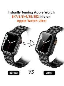 2pcs Black Stainless Steel Metal Adjustable Apple Watch Band And PC Hard Frame Full Protection Apple Watch Case, Anti-Scratch Anti-Collision With Screen Protector And Back Cover, Suitable For Apple Watch Ultra 3 2 1 Series 10/S9/S8/S7/S6/S5/S4/S3/S2/S1, 38mm 40mm 41mm 42mm 44mm 45mm 46mm 49mm, For Men And Women - Black - View 5