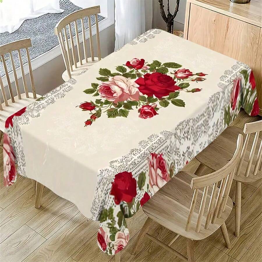 1pc Spring/Summer Romantic Vintage Pink Rose Pattern Tablecloth, French-Style Elegant Floral Print Rectangular Tablecloth, Home Kitchen Dining Table Cover, Indoor/Outdoor Use, Home Decor, Suitable For Valentine's Day, Mother's Day, Weddings - 香檳色 - 查看 1