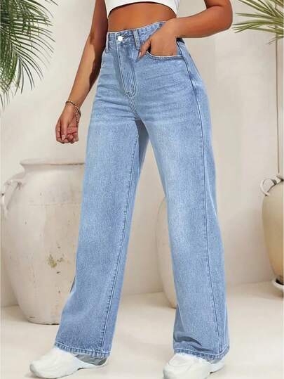 青少年直筒休闲牛仔裤，休闲风格，带口袋，纯色浅蓝色，四季舒适合身，居家和日常穿着必备，简约设计