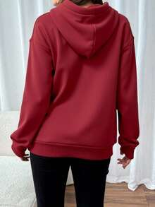 sudadera unicolor con capucha y diseño en los cordones ajustables  Liso    Casual    Bolsillo  Cordón    Colegio - rojo intenso - Ver 3