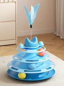 1pc Cat Toy Teaser Wand Cat Turntable Self-Entertainment Ball 3-Layer Track Plate For Kitten & Pet, Some Accessories (Feathers, Small Balls) Are Random In Color And Style