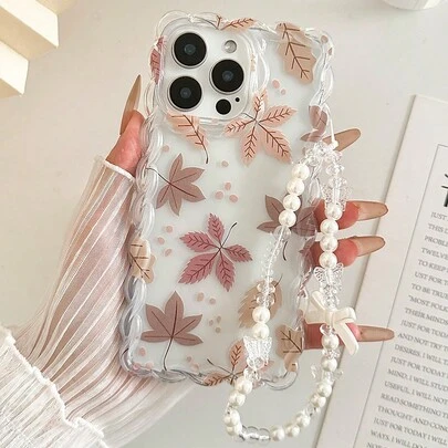 极简主义TPU植物元素彩绘编织波浪边高端防摔手机壳，搭配手工串珠手链，兼容 16/11/16Pro/16Plus/16ProMax/16E/15ProMax/13/14/12/XS/XR/7G/8PXR/7/8，彩绘款，兼容 15ProMax、Apple 13、14、11软壳，P12防摔X，12/14彩绘TPU防摔软壳手机壳，防水防震防刮，春季礼物，春季生日礼物，派对配饰