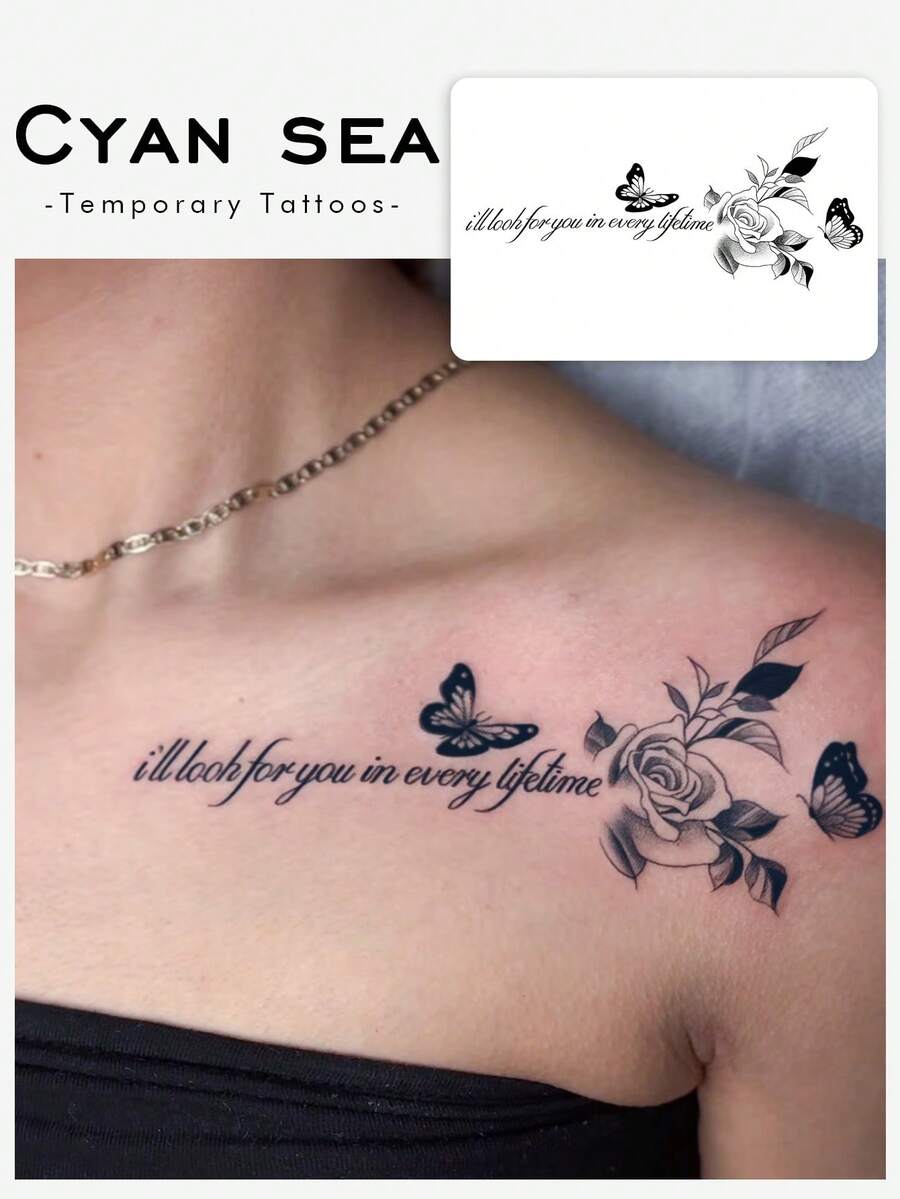 1 pieza Tatuaje temporal artístico de rosa, mariposa y letra inglesa inspiradora para la clavícula, romántico, a prueba de agua, a prueba de sudor, no reflectante, apto para uso diario de las personas. Duración de 7 a 14 días - Negro - Ver 1