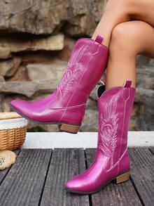 Fall/Winter 2025 Women's New Vintage American Style Embroidered Canvas Pointed Toe Western Boots Charming Sexy Fuchsia Glitter Canvas Chic High Shaft Boots High Heel Chunky Heel Riding Boots Fashionable Punk Style Chelsea Boots,Cowboy Boots - Hot Pink - View 2