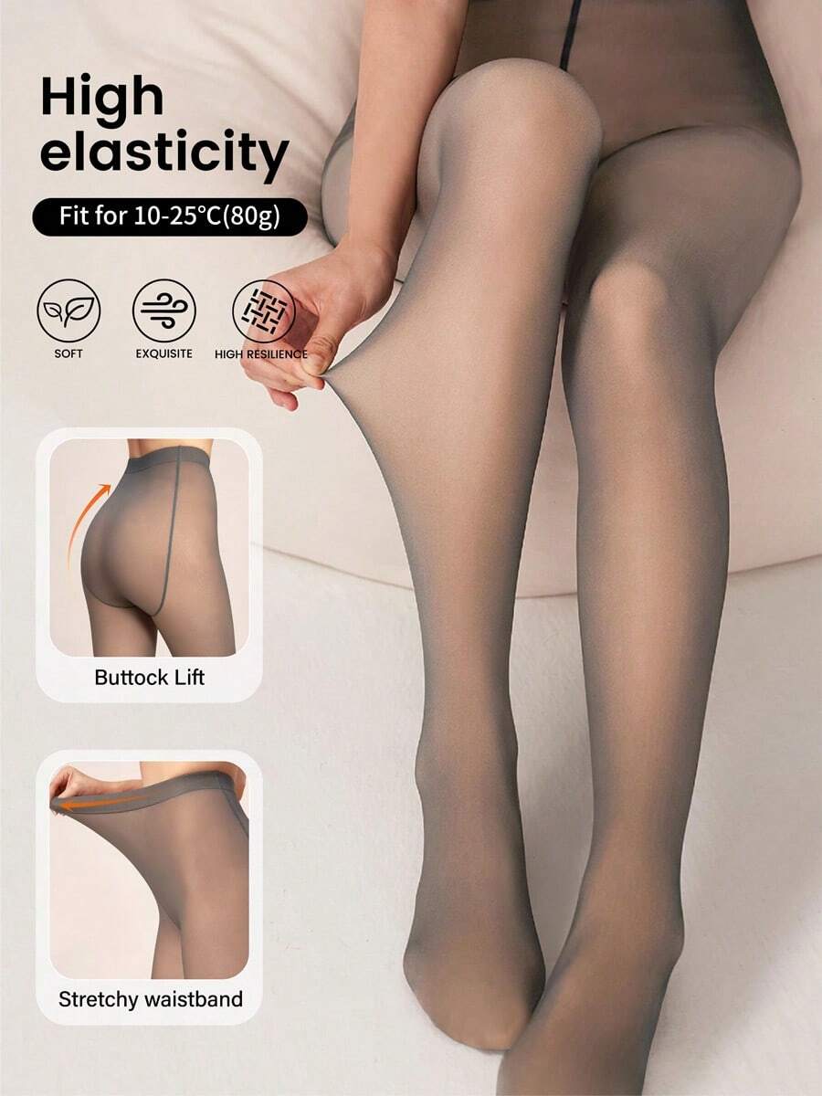 Plus Size Women's Gray Faux Sheer Leggings, Sexy Pilling-Resistant Fabric Lift Butt Slimming Tights, Suitable For Casual Daily Wear, Autumn Season With Socks