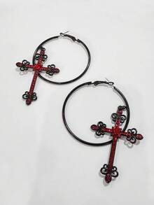 1 对复古合金哥特式十字架水晶装饰圈形耳环，女士时尚耳环，适合节日和日常佩戴 - 合金十字架耳圈 - 查看 9