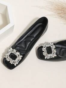New Glossy High-End Flat Soft-Sole Rhinestone Square Buckle Square Toe Wide Plus Size Slip-On Casual Women Shoes, Plus Size Commuting Shoes - Black - View 4