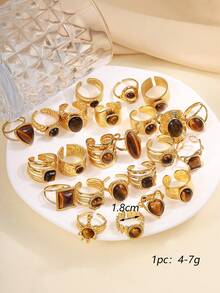 4/6/12/16/24 chiếc nhẫn thép không gỉ tông vàng đính đá mắt hổ nâu, nhiều kiểu dáng, phụ kiện thời trang chất lượng cao, thích hợp làm đồ trang trí hoặc quà tặng cho phụ nữ - Vàng - Xem 3