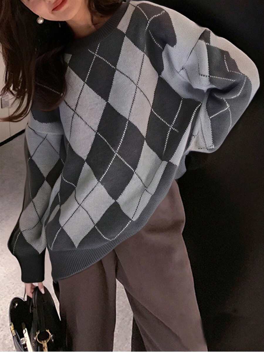 Oversized Argyle Stylish Crew Neck Sweater