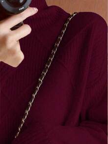 Plus Size Women Solid High Neck Long Sleeve Pullover Sweater, Autumn/Winter - 酒紅色 - 查看 3