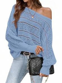 Womens Off Shoulder Sweaters Fall 2025 Oversized Knit Batwing Long Sleeve Crochet Pullover Sweater Tops - Màu xanh lam - Xem 5