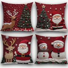 4 piezas Fundas de cojín impresas en terciopelo 2D con diseños navideños de Papá Noel, renos y árbol de Navidad, de 18" X 18", adecuadas para sala de estar, dormitorio, sofá, cama, decoración exterior. No incluye relleno de cojín (no es bordado real)