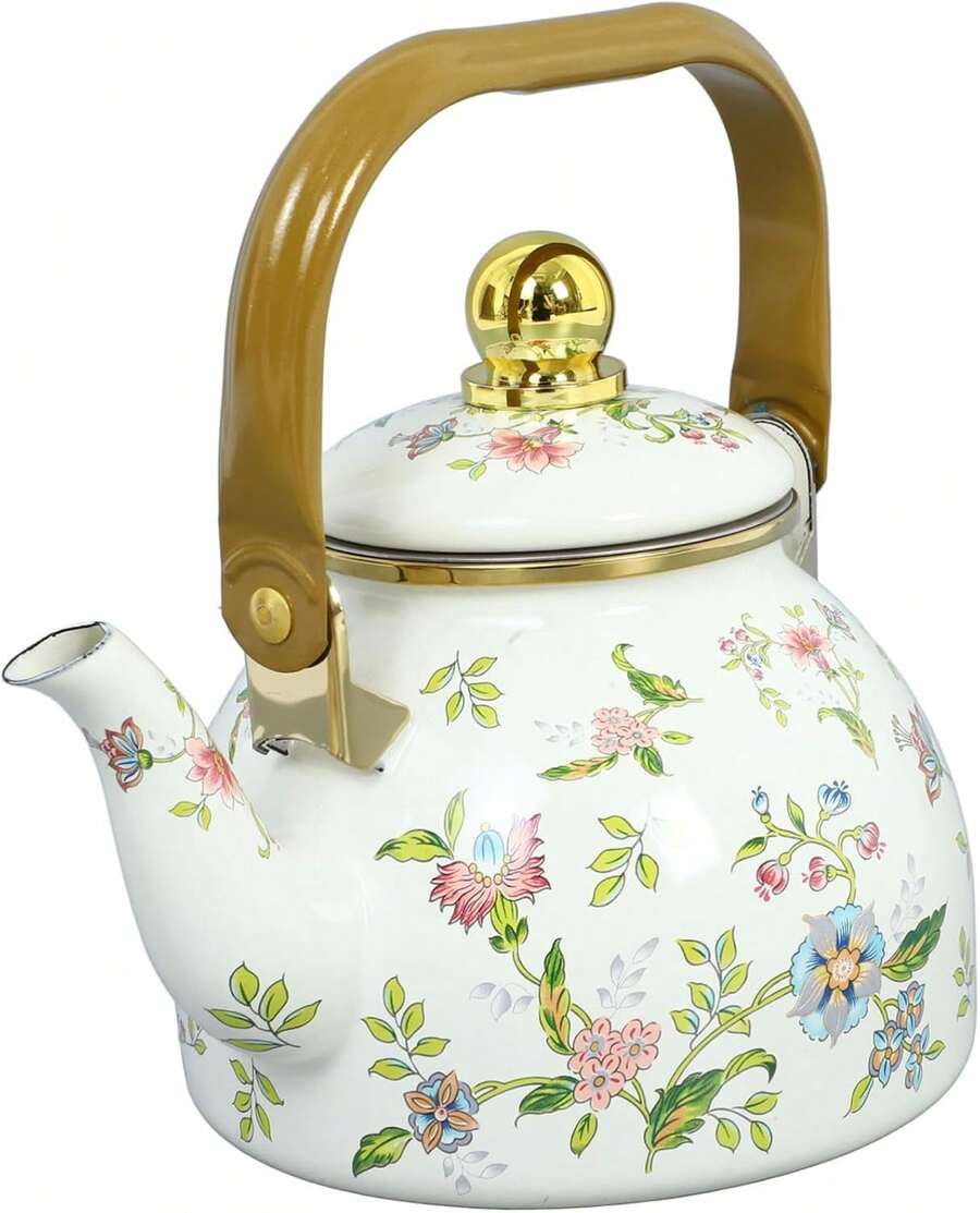 Enamel Teapot With A Built-In Filter, 40.58 Oz Capacity. This Beautifully Printed Enamel Teapot Retains Heat Exceptionally Well And Is Suitable For Induction And Gas Stoves.  Its Thick, Durable Construction Makes It Ideal For Use As Both A Teapot And A Kettle, Perfect For Camping, Valentine's Day Parties, Family Gatherings, Or As A Valentine's Day Gift.