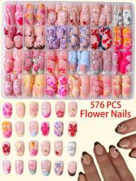 576 piezas (24 colores surtidos) Uñas postizas de acrílico con diseño de flores de hibisco, abejas y escarabajos, en forma ovalada corta. Incluye 4 piezas de pegamento de gel y 2 limas de uñas. Uñas francesas cortas perfectas en rosa, amarillo y blanco para uso diario, fiestas y eventos. Accesorios de uñas para mujer y niña.