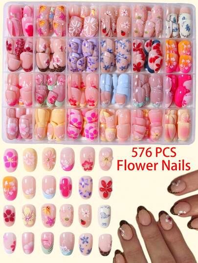 Short Oval 576Pcs(24Mixed) Hibiscus Flower Nails Cute Bee Nails & Beetle Nails Design French Acrylic Press On Nails Short Nails Pink French, Yellow French, White French Design Perfect Fit Short False Nails Set ,Include: 4Pcs Jelly Glue And 2Pcs Nail File,Easy To Wear Summer Nails And French Tip Nails Art For Woman Girl Daily Work Wear Rave Party Use Nail Supplies Nails