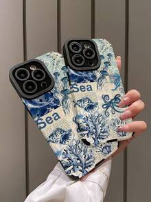 1pc Minimalist Ocean Creature Pattern Vertical Faux Leather Soft Protective Phone Case, Compatible With Apple And 16/16PLUS/16PRO/16PROMAX Waterproof Shockproof Anti-Fall Scratch Resistant - Multicolor - View 4