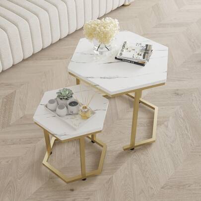 Set Of 2pcs Hexagonal Shape Side End Tables Nested Tables Sofa Lamp Tables Small Coffee Tables Marble Effect MDF Top Board Metal Frame For Dining Room Living Room Bedroom