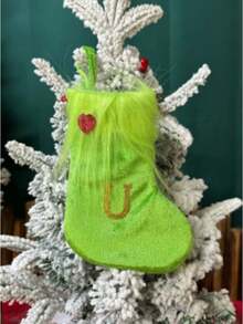 Opakowanie pojedyncze, skarpetki świąteczne, ozdoby świąteczne, zielony plusz, haftowane skarpetki z literami, ozdobne skarpetki świąteczne w torebce prezentowej