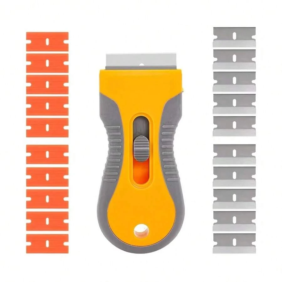 1 Set di Lame per Raschietto, Strumenti per Raschietto in Vetro, 10 Lame in Acciaio e 10 Lame in Plastica Extra, Per Rimuovere Adesivi, Carta, Residui di Cibo, Vernice, Colla da Forni, Finestre, Stile Europeo Elegante, Stile Moderno, Festa di Compleanno, Elementi Autunnali, Festa Nazionale del Medio Oriente, Ognissanti