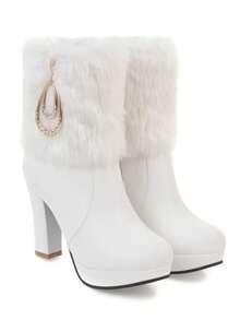 Women's Ankle Boots Platform Boots Side Zip Chunky Heel Booties With Fur Round Toe Leather Winter Boots For Women - 白色 - 查看 8