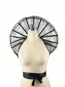 Victorian Collar Women's Stand Collar Cape, Gothic Vampire Lace Pointed Collar Dark Color Tie Cloak, Fan-Shaped Mesh Cape With Embroidered Spider Web Pattern, Witch Queen Vampire Themed Cosplay Props And Accessories Halloween - Lace - View 2