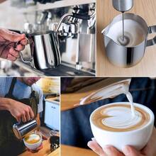 ~Milk Frothing Pitcher 16oz 480ml Milk Frother Cup Stainless Steel Steaming Pitcher Coffee Bar Cappuccino Espresso Machine Accessories Barista Tools Steamer Cup Milk Jug With Latte Art Pen - SilverMirror - View 4