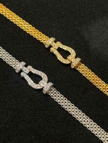 1pc Stainless Steel Milanese Horseshoe Clasp Woven Bracelet, Gold Plated Hollow Strap, Fashion Minimalist Versatile Design - Horseshoe Watch Strap Bracelet - View 7