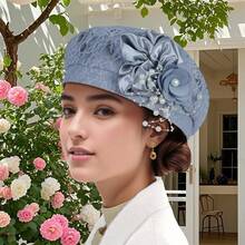 Women Beret Hat With Pearl Flower Breathable Brimless Cap  Fascinators Hats For Tea Party Stage - 灰色 - 查看 4