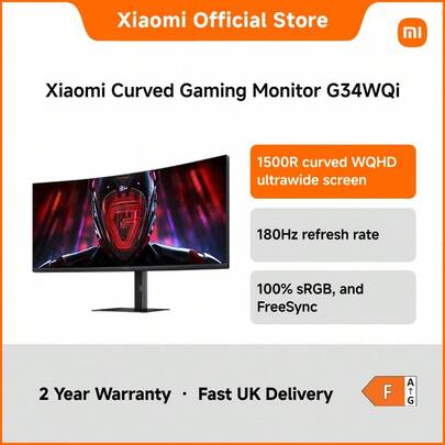 Xiaomi Curved Gaming Monitor G34WQi – 34" UltraWide 3440*1440, 180Hz Refresh Rate, 1ms Response, 21:9 VA Panel With 350nits Brightness & Dual HDMI/DP Ports, Immersive Viewing For Gamers & Content Creators