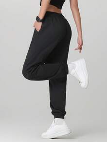 3Pcs Women'S Solid Color Lightweight Elastic Waist Sports Jogger Pants, Casual Solid Color Trousers With Pockets, Suitable For Running, Hiking, Graduation, Back To School, Fitness, Ideal Gift Tights - 彩色 - 查看 5