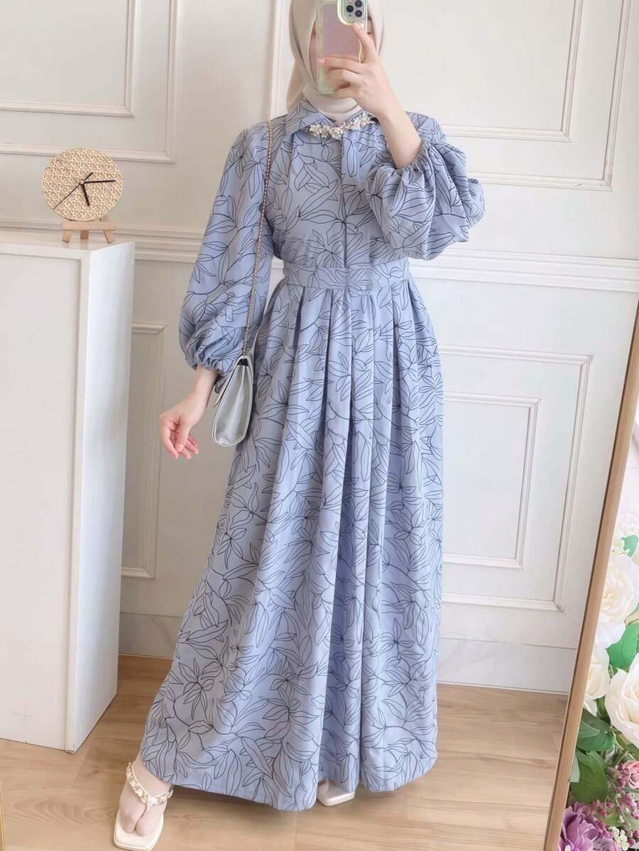 女士全印花系带衬衫裙，纽扣翻领长袖长款连衣裙，适合正式宴会、约会之夜、度假、居家及秋冬春假日常穿着。 - 藍色 - 查看 1