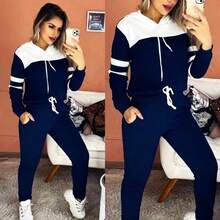 Women's Cold Weather Sweatshirt Set Crepe Knit Long Sleeve Autumn Winter With Hood - Xanh đậm - Xem 1