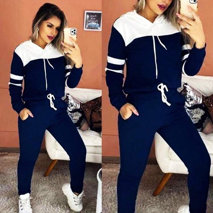 Women's Cold Weather Sweatshirt Set Crepe Knit Long Sleeve Autumn Winter With Hood - Xanh đậm - Xem 1