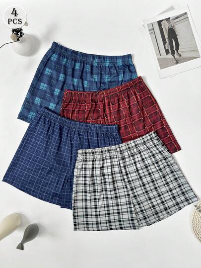 4pcs Men's Plaid Print Loose Comfortable Pajama Shorts, Breathable Elastic Waist Boxer Briefs Assorted Colors Set