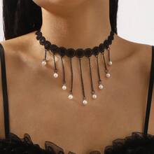 1 PC Dark Retro Imitation Pearl Lace Neck Chain With Stylish Metal Chain And Tassel Necklace - 彩色 - 查看 2