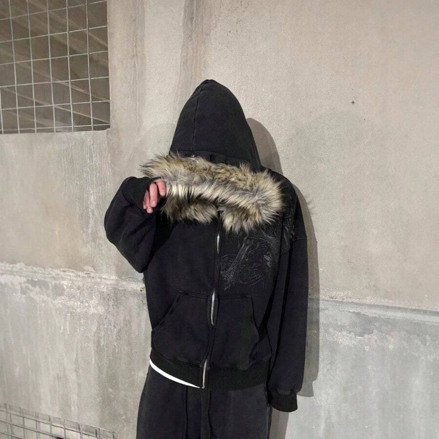 Fluffy Hat Sweater Long Sleeve Pullover Hoodie Retro Jacket Street Y2k - 黑色 - 查看 1