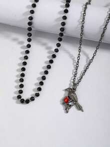 2pcs Gothic Style Black Faux Pearl Rhinestone Crow & Cage, European Rose Bird Necklace Set For Women - Gun Black - View 3