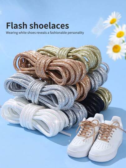 1 Pair Unisex Shiny Iridescent 120cm Flat Double-Layer Shoelaces, Suitable For Sports Shoes, Casual Shoes, Canvas Shoes, In White, Black, Rainbow Colors