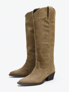 2025 Autumn New Arrival Women's High Shaft Pointed Toe Mid-Heel Leather Boots [7CM Heel Height] - Khaki - View 1