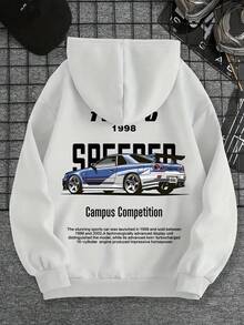 Sudadera con capucha de terciopelo para hombres, estampado de coches de otoño e invierno, sudadera deportiva versátil y casual suelta con capucha - Blanco - Ver 2