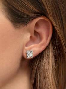 1 Pair S925 Sterling Silver Inlaid Synthetic Zirconia Exquisite Luxury Four-Leaf Clover Earrings, Elegant Quality Jewelry For Women's Engagement Day - Silver - View 3