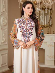 Women's Long Sleeve Random Cut Print Fashion Arabic Robe, All Season Dubai Ladies Abaya Robe, Computer Embroidered Beaded Patchwork Robe - Apricot - View 4