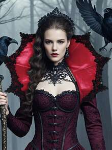 1pc Halloween Gothic Witch Queen Velvet Skeleton Lace Stand Up Collar Cloak, Suitable For Halloween Outing, Artistic Costume Accessories (Red), Made Of Polyester Fiber