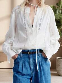 Womens Loose Button Down Shirts Long Balloon Sleeve Lace Patchwork Tops Fall Blouse - trắng - Xem 1