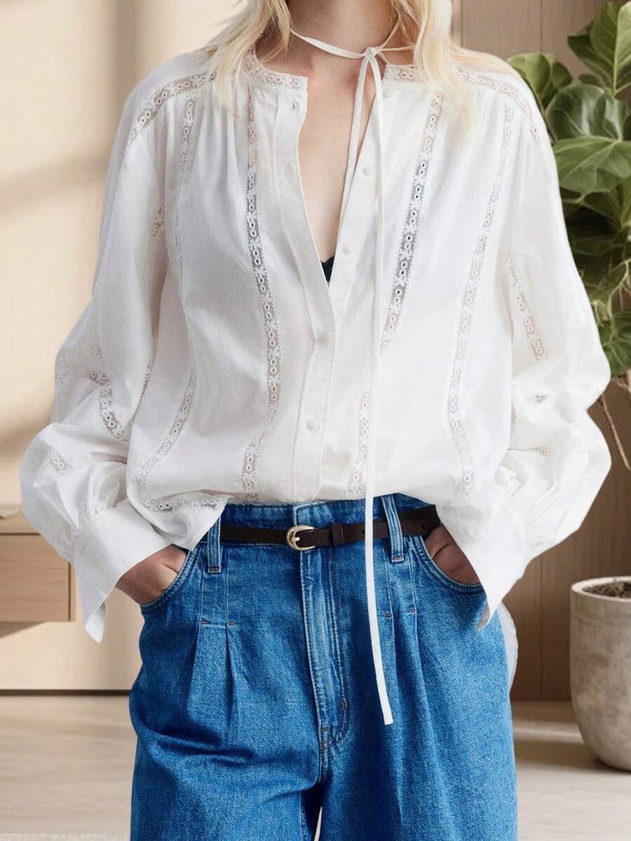 Womens Loose Button Down Shirts Long Balloon Sleeve Lace Patchwork Tops Fall Blouse - trắng - Xem 1